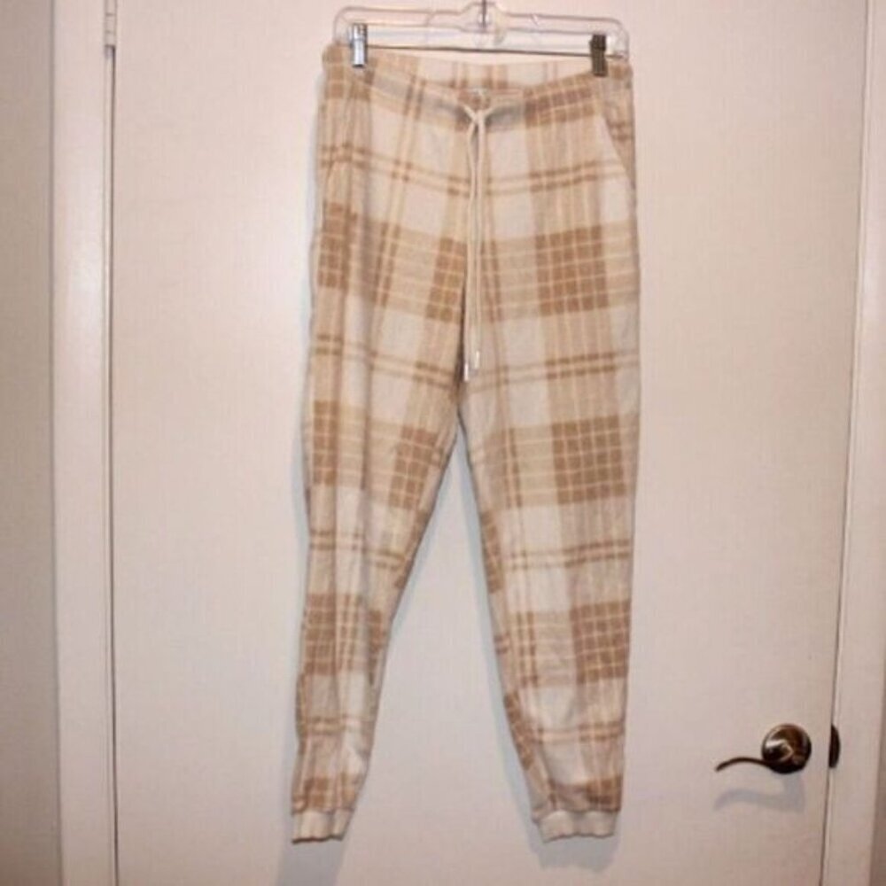 NWT Aerie Cream & Tan Plaid Cozy Joggers Lounge Pajama Pants Women Size small
